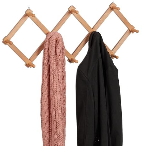 Relaxdays Portemanteau en Bois, Rangement réglable, 10 Crochets, pour Vestes, Support Pliable, patères, Nature