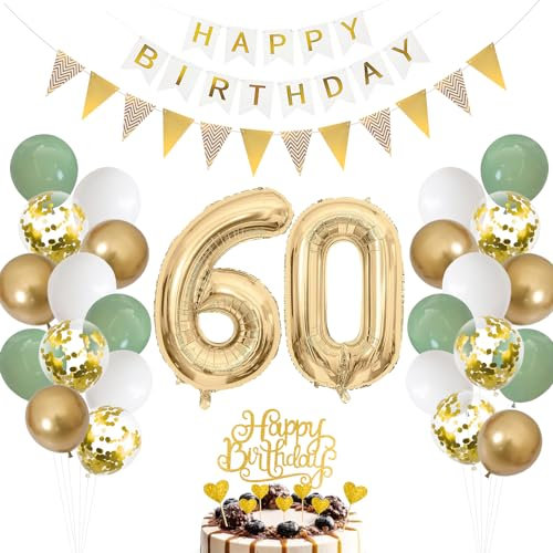 60.Geburtstag Deko Salbeigrüne, Luftballon 60. Geburtstag Männer Frau, Ballon 60. Geburtstag Grün Weiß Gold, Zahl 60 Folienballon, Geburtstag Tortendeko für 60 Geburtstag Dekoration