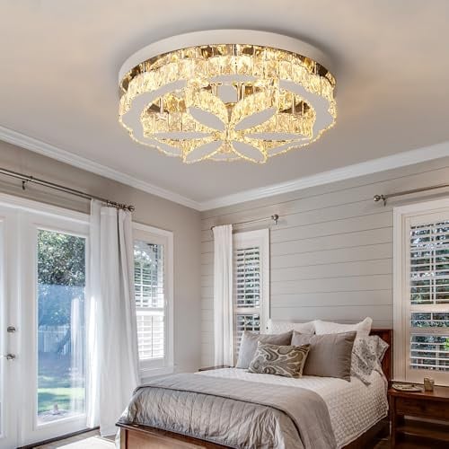 GreeLustr Moderne Kristall Kronleuchter Mit Fernbedienung für Wohnzimmer, Dimmbar Deckenleuchte Kristalle mit Elegantem Design für Schlafzimmer Flur Küche, Silber Deckenlampe Kristall für Decke (50cm)