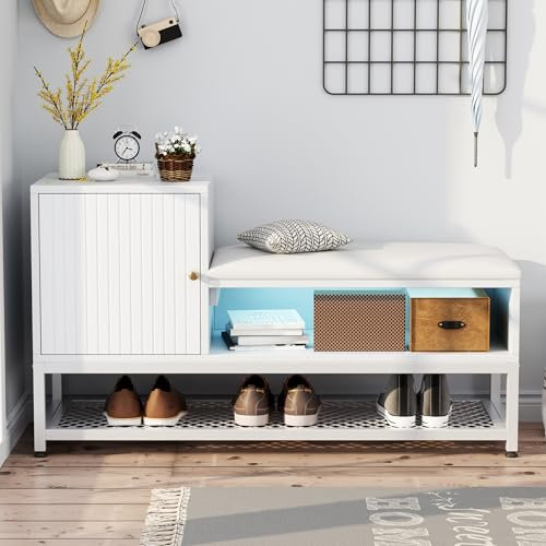 Merax Shoe Bench with Padded Cushion and Cabinet, Entryway Shoe Rack Cabinet, Modern Shoe Storage Bench with 16 Color-Changing LED Lights, Space-Saving Hallway Bench, White, 100x38x59.7cm