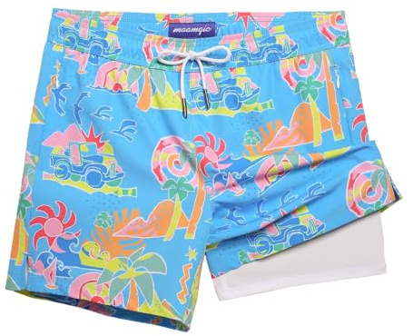 MaaMgic 5 Mens Swim Shorts with Compression Liner 4-Way Stretch Bathing Suit Swimming Shorts 2 in 1 Men's Swim Trunks with Zipper Pockets Quick Dry, Self-Drive Blues, M