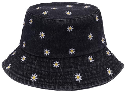 JJDreams Vintage Gestickter Fischerhut mit Gänseblümchen Trendy Washed Denim Bucket Hat Weicher und Leichter Faltbarer Sommerhut, Schwarze Fischerhut