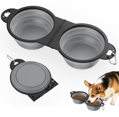 Pawaboo Gamelles pour Chiens 2-en-1 Pliables, Gamelles pour Chiot Nourriture et Eau, Gamelless en Silicone Rabattables à 180° avec Crochet Métallique, Bols Distributeurs pour Animaux 450ml, Gris