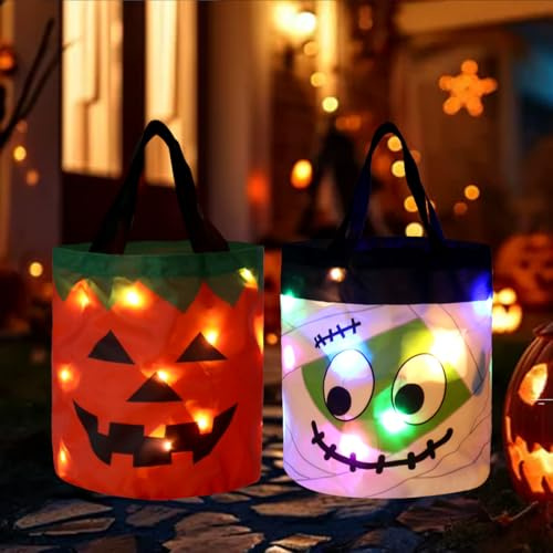 2 Stück Halloween Eimer für Süßigkeiten,Halloween Taschen LED,Leuchtend Süßigkeiten Tasche Geschenktasche,Trick or treat bag für Kinder Party(Orange+Weiß)