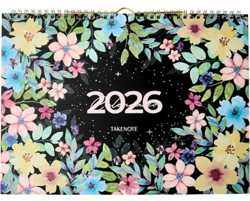 Takenote Väggkalender 2026 - Storlek 31,5 x 23 cm, Månadsvisning, 12 månader januari till december, Månatlig planering med anteckningsutrymme, dubbel ringstängning, spanska och engelska - Adele