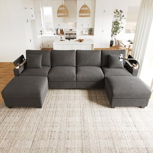 Ligterra Wohnlandschaft U Form, Modulares Sofa, Sofa mit Schlaffunktion, Schlafsofa, Corduroy, mit Handyhalter & USB-Ladeanschluss, für Wohnzimmer, Wohnung, 275.5×139×87cm (Grau)