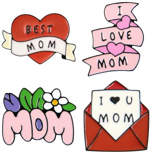 Lot de 4 broches pour la fête des mères - Jolies broches en émail avec inscription « I Love Mom Best Mom » - Motif floral et cœur rose et rouge - Accessoires de bijoux pour mère, anniversaire, femme