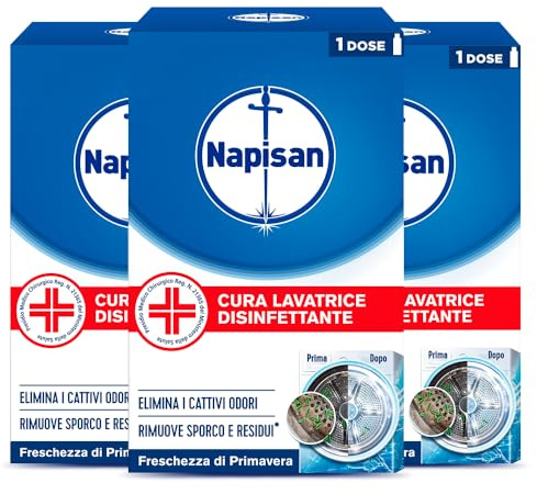 Napisan Cura Lavatrice Disinfettante Freschezza di Primavera, Elimina i Cattivi Odori, Rimuove Sporco e Residui di Sapone, 3 Confezioni da 250ml