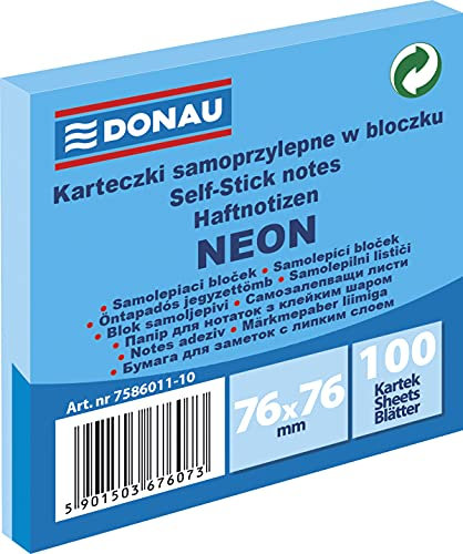 DONAU 7586011-10 Notes Würfel Haftnotizen Neon-Blau Selbstklebende Haftnotizzettel Sticky Notes 76X76mm, 1x100 Blatt, Notizblock klebend für Büro Schule, blau neon