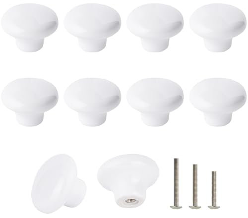 ShipeeKin Lot de 10 Bouton En Céramique Blanc, Céramique Poignée Porte, Rétro Rond En Céramique Armoire Tiroir Cuisine Poignée De Traction 32mm Avec 3 tailles de vis
