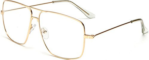 J&L Glasses Large Square Retro Outray Classic Men's Or Women's Metal Frame Glasses (Gold)