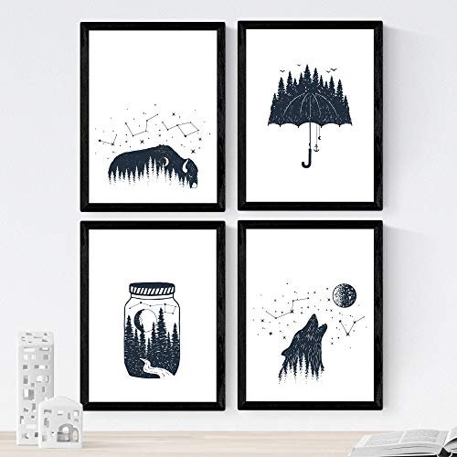 Nacnic Poster mit Bildern der Natur im nordischen Stil. Wilder Wald in blau-weiß. Moderne Inneneinrichtung. A4 mit Rahmen.