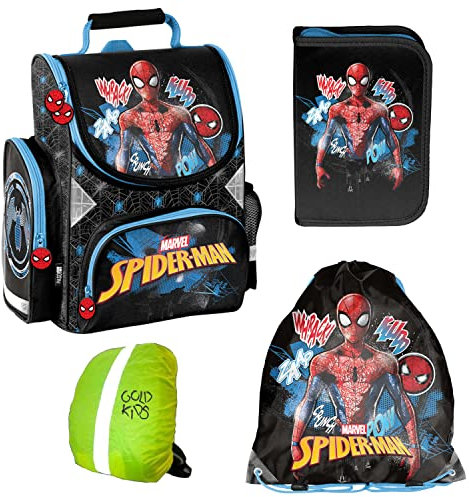 Goldkids Spiderman Set Schulranzen ergonomischer Ranzen Federmappe Turnbeutel Regenschutz 4 teiliges Set Lizenzartikel