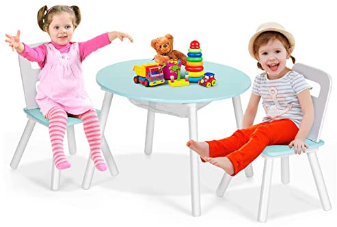 GOPLUS Kindersitzgruppe mit 1 Holztisch und 2 Stühlen, Kindertisch mit Netztasche, Sitzgruppe für Kleinkinder &Mädchen & Jungs, Kindermöbel-Set aus Holz, Holztisch zum Spielen & Essen & Lernen (Grün)