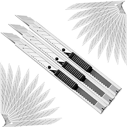 GUUZI 3pcs Cuchillos Utilitarios Retráctiles con Cuchilla a Presión de 30 Grados con Cerradura con Cuchillas Extra Afiladas de 20pcs para Oficina de Trabajo Pesado, Hogar, Manualidades, Pasatiempos