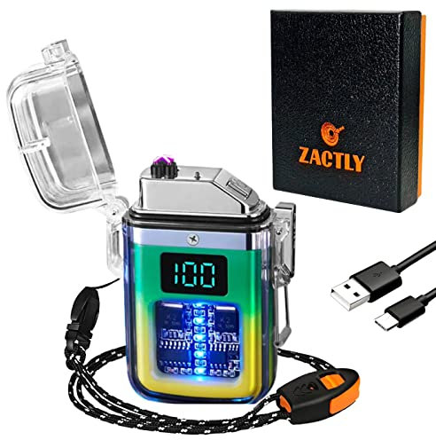 Zactly AL12 Transparent Electric USB C Rechargeable Plasma Candle Lighter LED Digital Display Dual Arc Waterproof Windproof, Whistle, Lanyard, Camping Outdoor Survival Tool (GREEN YELLOW GRADIENT)