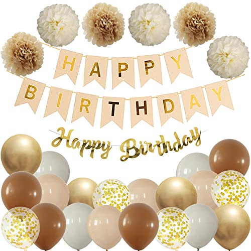 Ohighing Happy Birthday Holz Boho Geburtstag Party Deko Set Geburtstag Girlande Luftballons Khaki Beige Ballons 6 Pompoms Geburtstagsdeko Mädchen Junge
