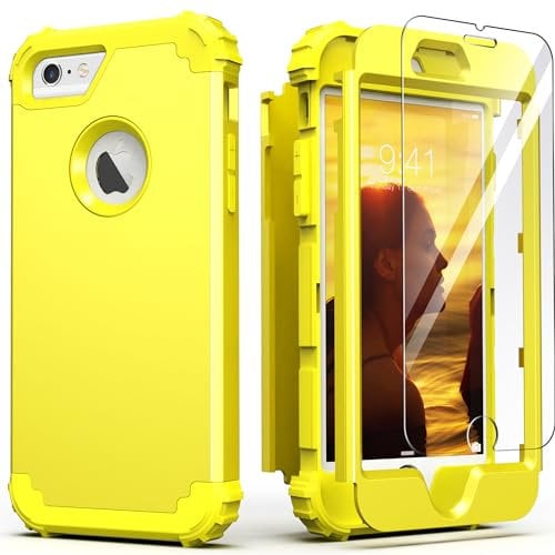 IDweel iPhone 6S Case, iPhone 6 Case with Screen Protector(Tempered Glass),3 in 1 Shock Absorption Heavy Duty Hard PC Covers Soft Silicone Full Body Protective Case for Girls,Yellow