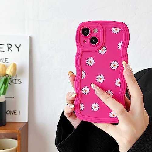 ZTOFERA Case for iPhone 15 Plus, Cute Curly Wave Frame Daisy Pattern Liquid Silicone Case, Flexible Shockproof Protective Bumper Cover for iPhone 15 Plus 6.7 - Hot Pink