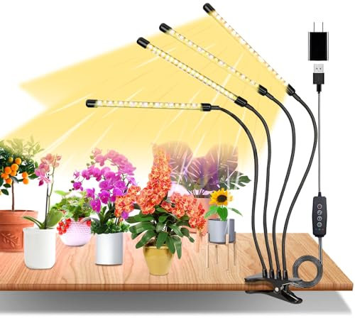 Pflanzenlampe LED Vollspektrum, 4 Köpfe 120 LEDs Grow Lampe, 3000k/5000k/660nm Pflanzenlicht mit Zeitschaltuhr, 360 ° verstellbare, USB Adapter, 3 Lichter Modi und 10 Helligkeitsstufen