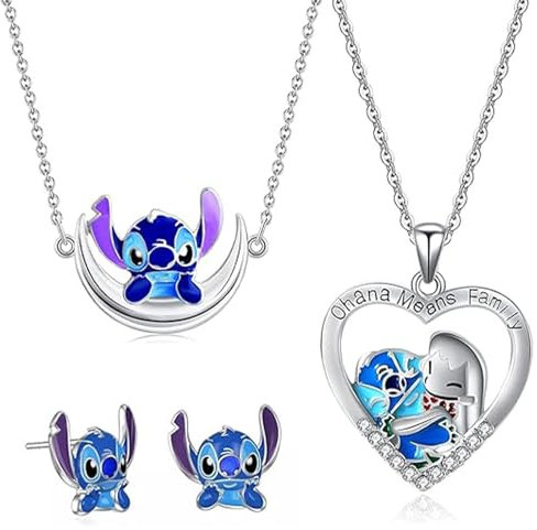 SANCHYA Cartoon Halskette, 3pcs Schmuck Anime Set, Cartoon Anhänger Halskette, Cartoon Ohrringe für Kinder, Ohrringe für Mädchen, Anime Ohrringe, Anime Halskette Schmuck (Blau A)