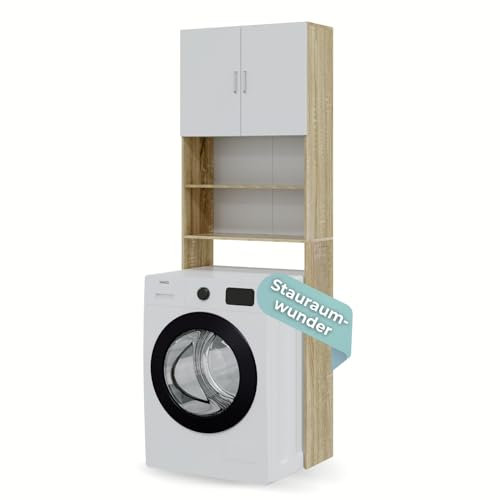 HAGO24 Waschmaschinenschrank in Eiche/Weiß I 190cm hohes Waschmaschinenregal mit viel Stauraum I hochwertiger Überbauschrank für Waschmaschine & Trockner I Badezimmer Regal mit PVC-Beschichtung