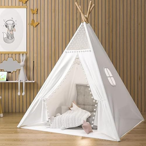 Snewvie Kinder Tipi Zelt,klassisches indisches Spielzelt für Kinder, faltbares Spielhaus für drinnen oder draußen,Kinderzelte aus Polyester für Mädchen und Jungen mit Tragetasche,Weißer Ball