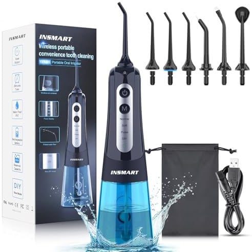 INSMART Irrigador Bucal Portatil, 300ML Irrigador Dental Inalámbrico Portatil Profesional Limpiar Dientes Con 6 Boquillas 4 Modos Para el Hogar y los Viajes, IPX7 Impermeable USB Recargable Para