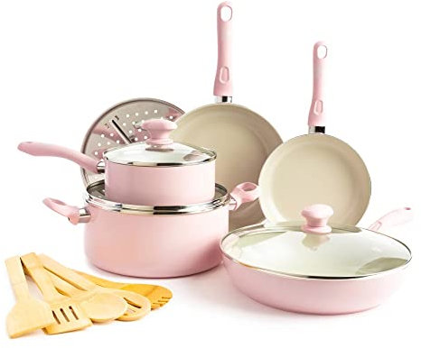 FEIGUO Set di pentole e padelle in Ceramica Sana Antiaderente, 14 Pezzi, Rosa, Accessori da Cucina