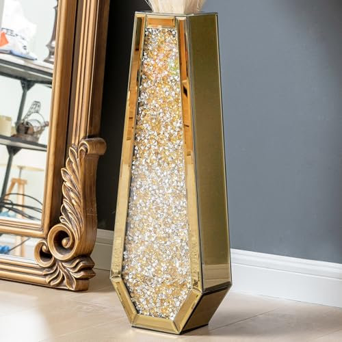 SHYFOY Large Tall Floor Vase, 61cm Indoor Modern Tall Vases Silver with Crystal Diamond and Mirror Design for Living Room Floor Decoration, Gold