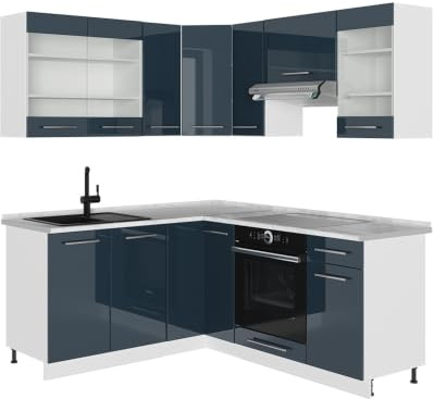 Vicco Eckküche Fame-Line, Dunkelblau Hochglanz/Weiß, 190 x 160 cm | 10 Module · Höhenverstellbare Füße · AP Marmor inkl. · MDF-Fronten · Softclose · Metallgriffe