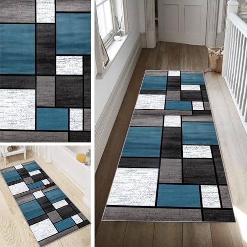 Poaegle Geometrisch Teppich Läufer Flur Blau Grau Lang rutschfest Kücheläufer Waschbar Schlafzimmer Teppich Läufer 110x400cm Dauerhaft Läuferteppich Flurläufer Korridor Fußmatte Meterware