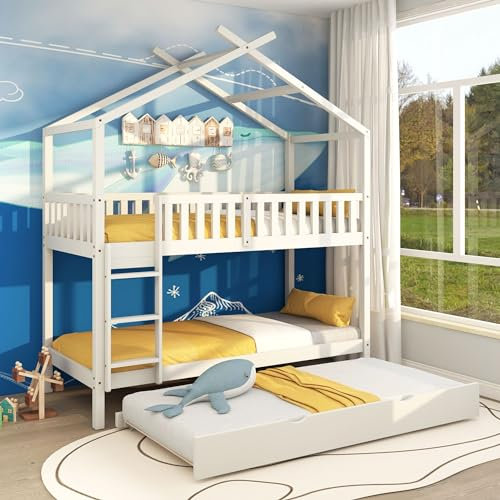 KUAKE Hausbett Kinderbett 90x200cm, Stockbett Jugendbett, DREI Betten, Ausziehbar, mit Rausfallschutz und Lattenrost, Platzsparendes Design, Massivholz, Weiß