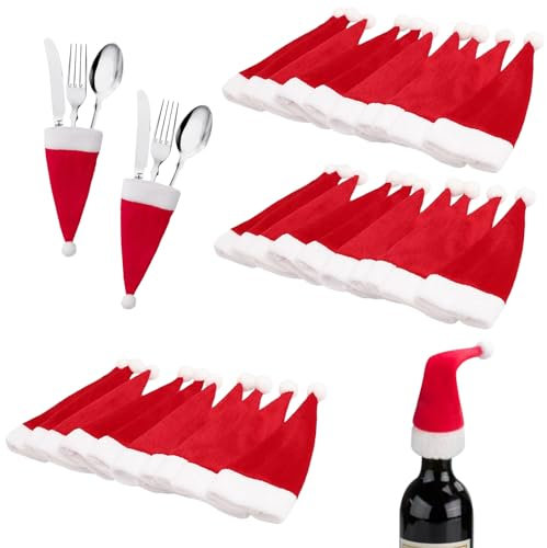 JSTHHTT 30 Stück Weihnachtsdeko Nikolausmütze Klein, Mini Weihnachtsmütze Deko, Weihnachten Bestecktasche für Tischdekoration, Weihnachten Weinflasche Abdeckung, Mini Mützen Zum Basteln