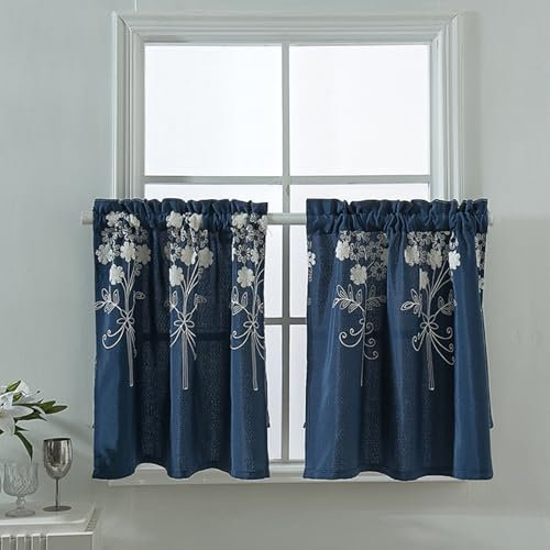 Skcess 2PCS Scheibengardinen Marineblau, Polyester Gardinen Halbtransparent Blumen-Blätter-Stickerei Kurzgardine 137X61CM