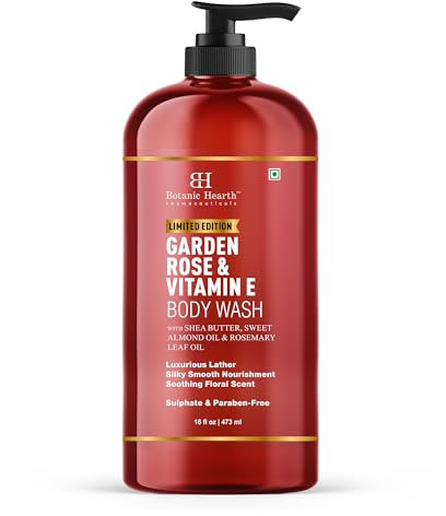 Botanic Hearth Garden Rose & Vitamin E Body Wash | Limited Edition, with Shea Butter, Sweet Almond Oil & Rosemary Leaf Oil 16 fl oz (473 ml) | Sulphate & Paraben-Free, Luxurious Lather