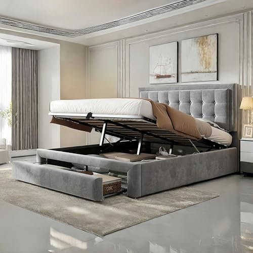 Sapgaks lit avec tiroir 140 x 190 cm, double, cadre en velours rembourré, sommier à lattes, grand espace de rangement, gris