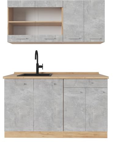 Vicco Single küche R-Line, Beton/Goldkraft Eiche, 140 cm ohne Arbeitsplatte
