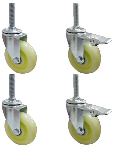 Dijateman 75/100/125mm Ruote Girevoli Pesanti con Perno Filettato M12 M16 M20, AntiGraffio Nylon Ruote per Industriali, Ruote da Trasporto con Freni, Set da 4(4inch,M12*30)