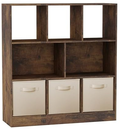 URBNLIVING Rustic Brown 8-Cube Asymmetrical Bookcase with 3 Drawer Inserts – Wood Storage Unit and Shelving Organizer- Cream