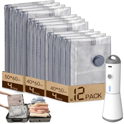 Vacbird Vakuumbeutel für Kleidung mit Kabelloser Vakuumpumpe, Wiederverwendbare Vakuumierbeutel Kleidung Geeignet für Reisen, Tägliche Aufbewahrung, 12 Beutel+Pumpe