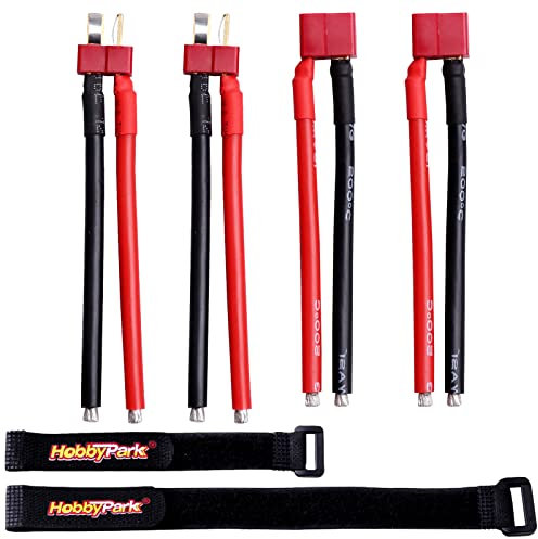 Hobbypark Deans Style T Plug Connector Female & Male with 12AWG 12 Gauge Silicone w/Battery Straps for RC Lipo Battery Cable Drone Car (2 Pairs)