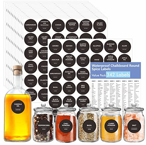 342 Removable Round Spice Labels, 304 Pre-Printed Herb Seeds Seasoning Sauce Oil Vinegar Round Stickers, 38 Blank Ones, Waterproof Oil & Tear Resistant, No Residue for Kitchen Pantry Containers Jars