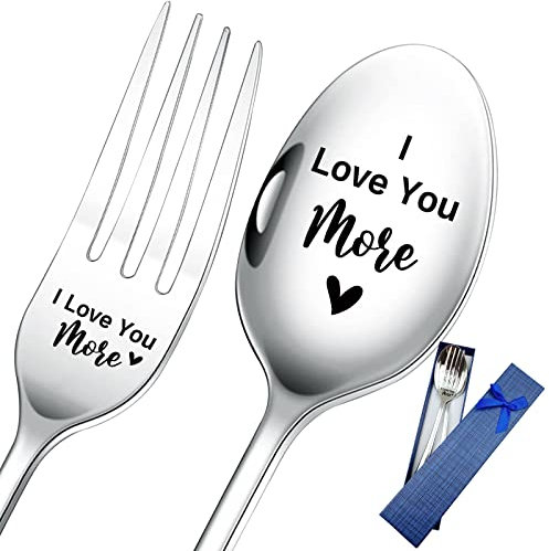 HSSPIRITZ 2 Pieces I Love You More Funny Engraved Stainless Spoon Fork Set,Restaurant dinner spoon and fork with gift box,for Boyfriend, Girlfriend, Husband, Wife, Anniversary, Valentines Gifts