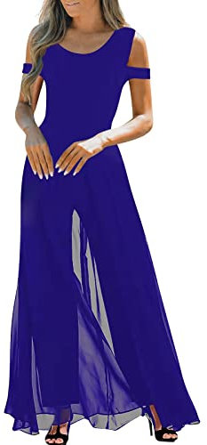 Jumpsuit Damen Lang Jumpsuit Damen Langarm Pyjama Jumpsuit Damen Rundhals Schulterfrei Jumpsuit Elegant Für Hochzeit Hohe Taille Mesh Cover Jumpsuit Mit Geradem Bein Latzhose Bunt (Blau Xxl)