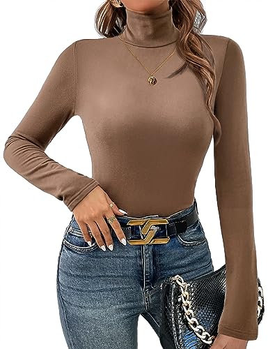 Ekouaer Pull Femme à Col Roulé Tricot Chaud à Manches Longues Basique Automne Hiver Top Haut Sweater, Brun, M