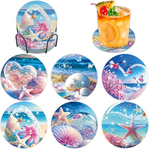 Lxmsja 6 STK Diamond Painting Untersetzer mit Halter, Diamond Painting Beach, Diamant Painting Bilder Erwachsene Kinder, Diamant Tassenuntersetzer mit Kork, Basteln Erwachsene Frauen