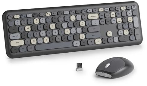 SOLIDEE Colorful Wireless Keyboard and Mouse Combo Set,2.4GHz Retro Typewriter Keyboard,104 Keys Full Size with Number Pad,Silent Membrane with Round Keycaps(US Layout QWERTY)(Black Grey)