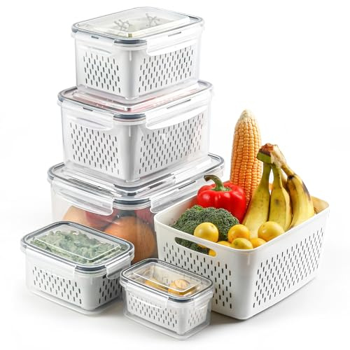 BreezyHome Obst-Aufbewahrungsbehälter für Kühlschrank mit Sieben, spülmaschinenfest, auslaufsicher, Obst- und Gemüseaufbewahrung, BPA-freier Kunststoff, hält Beeren, Obst, Gemüse, Fleisch, frisch, 5
