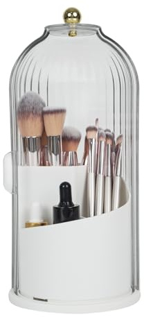 VacFreKep Porta pennelli da trucco con coperchio, girevole a 360°, trasparente, antipolvere, porta pennelli da trucco per tavolo da toeletta, bagno, bancone (Bianco)